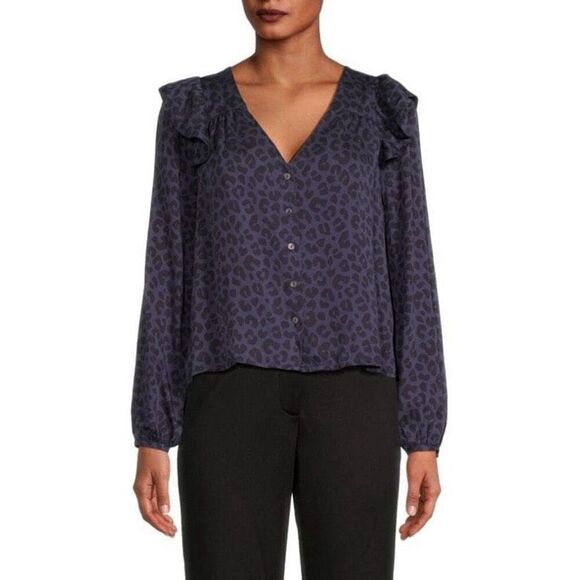 Marine Layer Blue Leopard Print Ruffled Button Up Blouse NWT Size Small - Picture 1 of 7